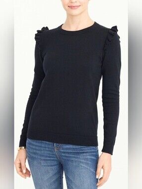 J.Crew 100% Cotton Black Ruffle Shoulder Sweater Women's Business/Office XL